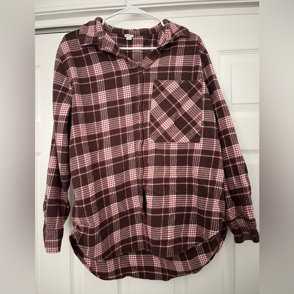 Brown and Pink Plaid Button-Up Shirt
